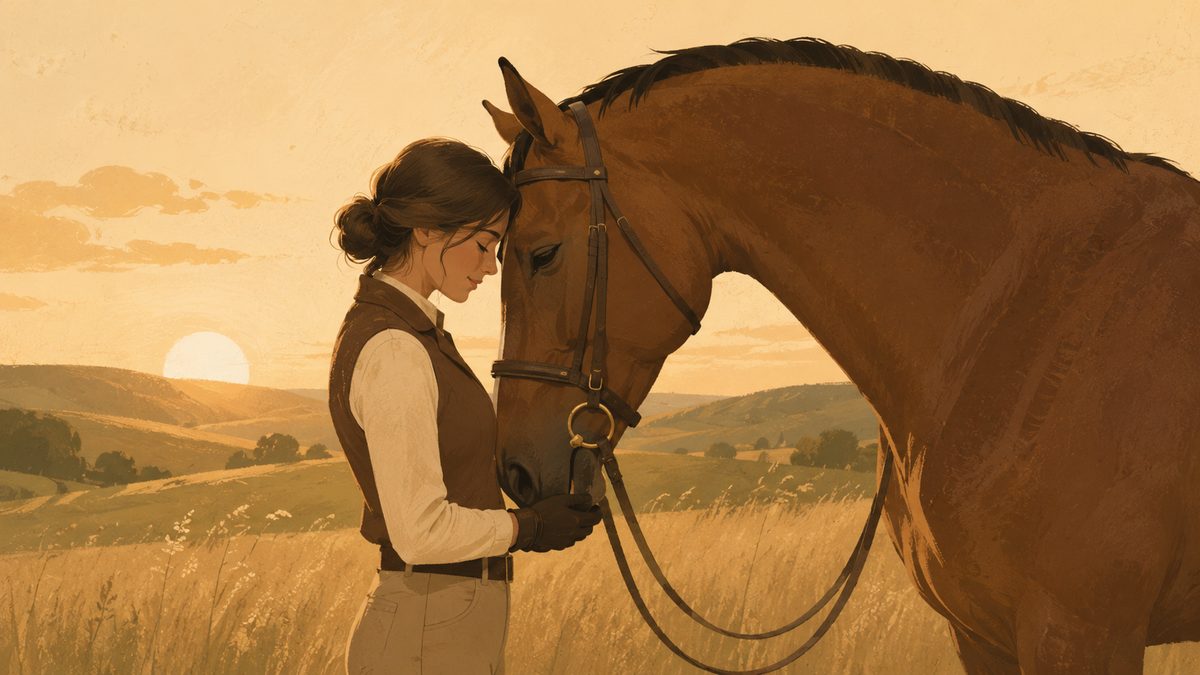 Cheval et cavalier complices dans une lumière dorée